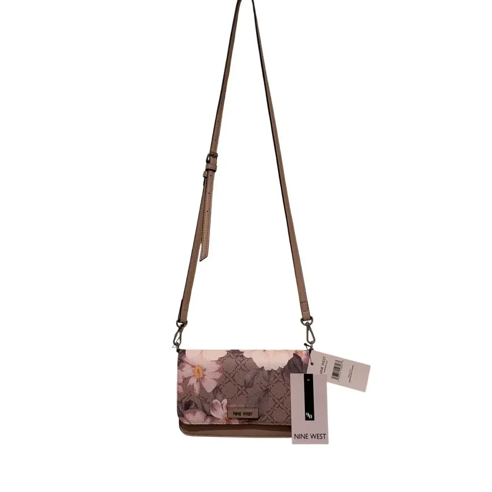 Nine West Shondra Floral Logo Crossbody Bag NWT Pink Convertible Shoulder Purse